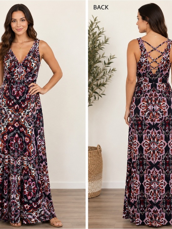 Loveappella Dresses & Skirts - Loveappella Sleeveless Boho Print Maxi Dress with Crisscross Back – NWT
